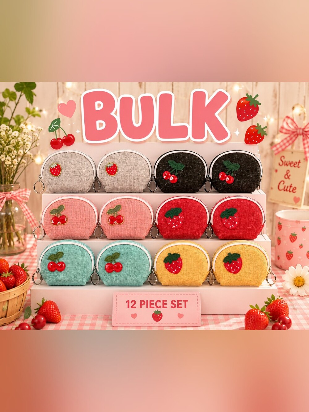 BULK Strawberry & Cherry Coin Pouches - 12-Pack Mixed Colors